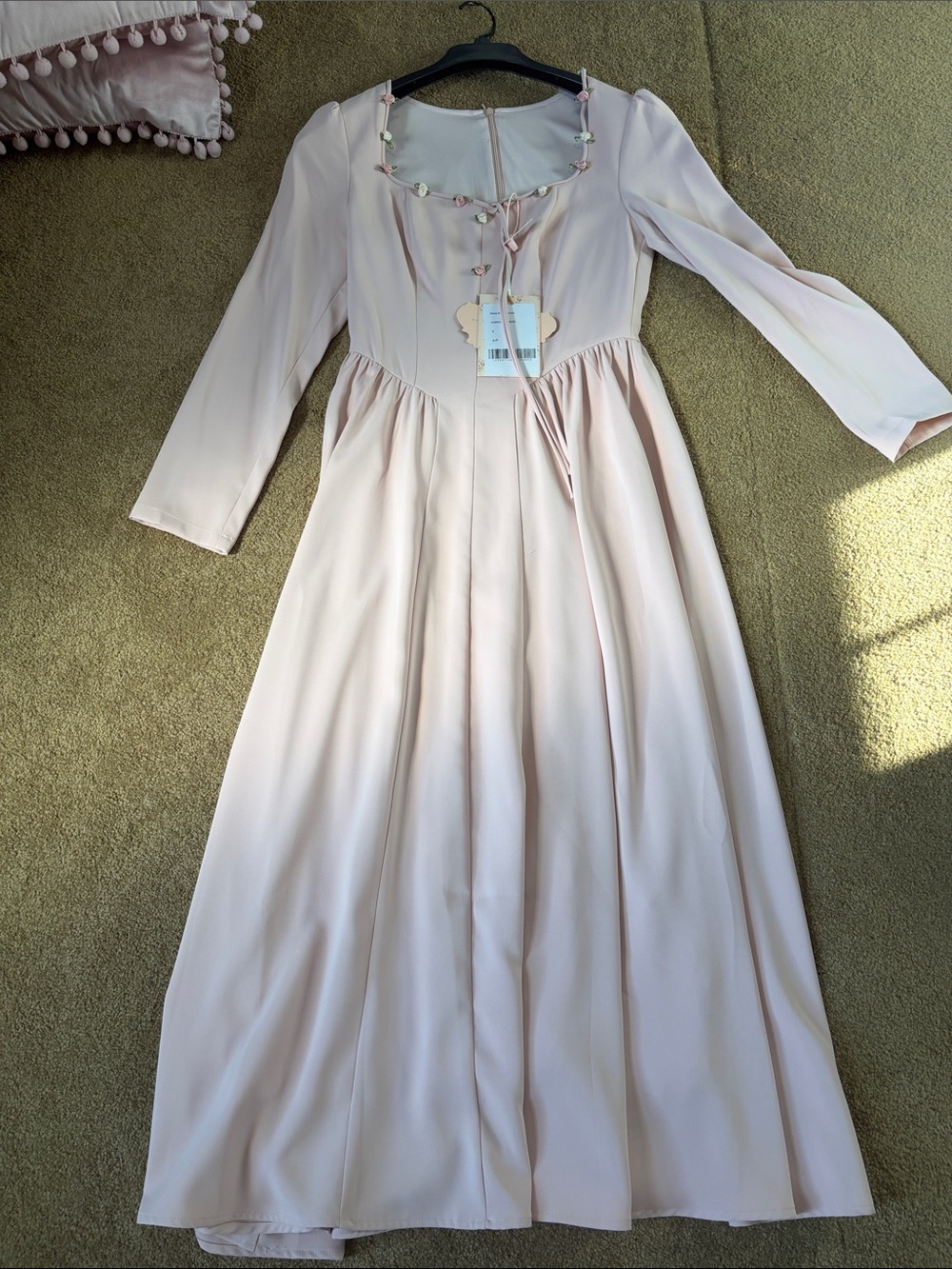 Lace Made Elegant Blush Long-Sleeve Midi Dress with Tie Front